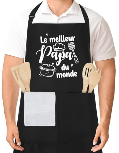 Halinuia Tablier de Cuisine pour Homme, Tablier Barbecue Papa, Réglable Noir Imperméable Tablier Cuisine Homme avec Poches, Cadeaux pour Fête des Pères, Anniversaire, Noël 70 x 90 cm