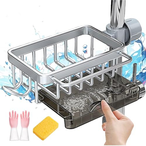 Kitchen Sink Faucet Organizer, Sink Caddy Kitchen Sink Organizer, Stainless Steel Sponge Holder for Kitchen Sink, Adjustable Detachable Faucet Rack for 0.7-1.1inch Round Water Pipe (Silver, Left)