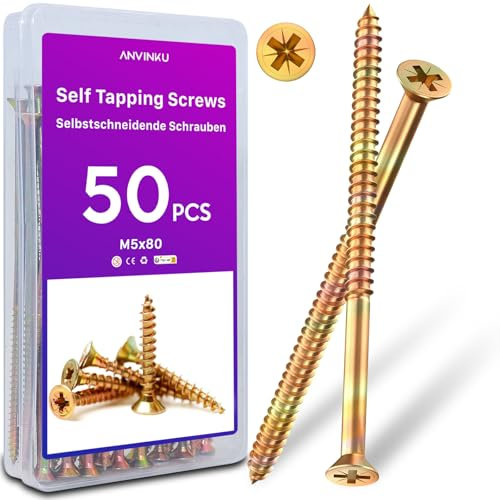 ANVINKU M5 x 80mm Wood Screws 50PCS, Countersunk Screws for Wood, Color Zinc M5 Self Tapping Screw for Furniture Repairs