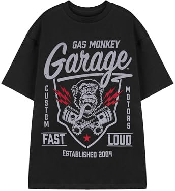 Gas Monkey Garage T-Shirt da Uomo Gas Monkey | T-Shirt Grafica a Maniche Corte Fast & Loud per Adulti in Nero | Top di Abbigliamento Casual Fit per Meccanico di Garage Americano Invecchiato