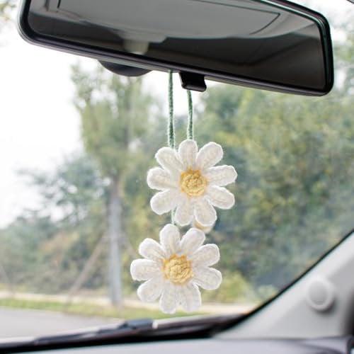 Häkeln Gänseblümchen Auto Anhänger ,rückspiegel anhänger,niedlicher rückspiegel-dekor,Handgestrickter Gänseblümchen-Anhänger,deko auto innenraum,für Autospiegel Türen Zuhause Büro für Frauen(Weiß)