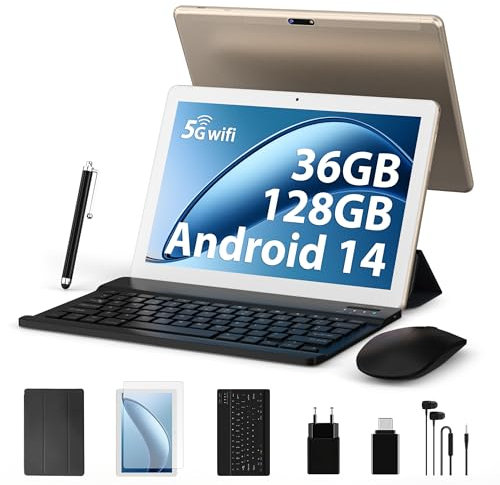 FORUSER Android 14 Tablet 10 Pulgadas Tablet con Octa-Core 2.0 GHz, 5G WiFi 6/ BT5.0, 36GB RAM+128GB ROM(TF 1TB), Pantalla Dividida,Dual Camera 8000mAh,Tablet con Teclado-Oro