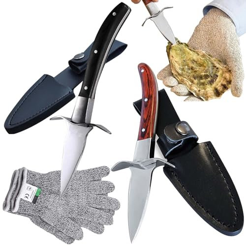 GBKDQQ Austernmesser Set, 2 Stücke Austernöffnermesser mit 1 Paar Schutzhandschuhen 5 (L), Edelstahl Oyster Knife Set, Austern messer für Muscheln Oder Austern