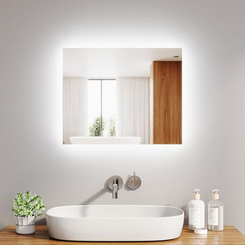 LOMIKEN Badspiegel mit Beleuchtung, 60x50x3.5cm, Spiegel mit Beleuchtung 6400K, 3.5 cm kupferfreiem silbernen Kosmetikspiegel, Wandspiege
