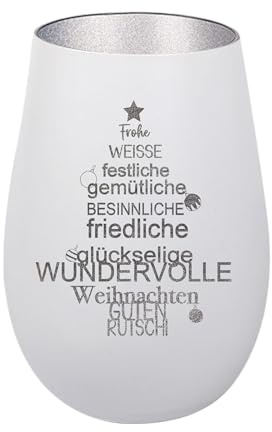Der-Porzellan-Laden Windlicht mit Gravur Frohe Weihnachten Spruch Weiß | Silber, Teelichthalter Weihnachten aus Glas, Weihnachtsdeko Tischdeko