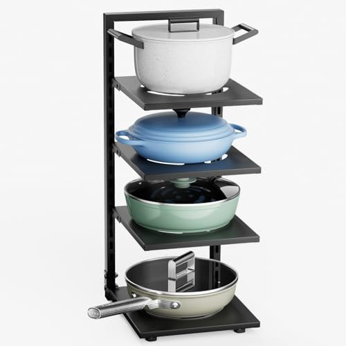 Warmiehomy Pots and Pans Organiser Rack, 4 Tier Adjustable Non-slip Dividers, pan organiser for cupboard, Saucepan Storage Organizer Rack for Kitchen Counter Cabinet, Black