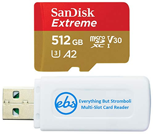 SanDisk Carte mémoire 512 Go Extreme MicroSDXC UHS-I jusqu'à 190 Mo/s C10 A2 compatible avec les modèles de téléphones Samsung A-Series (SDSQXAV-512G-GN6MN) avec 1 micro lecteur de carte Everything