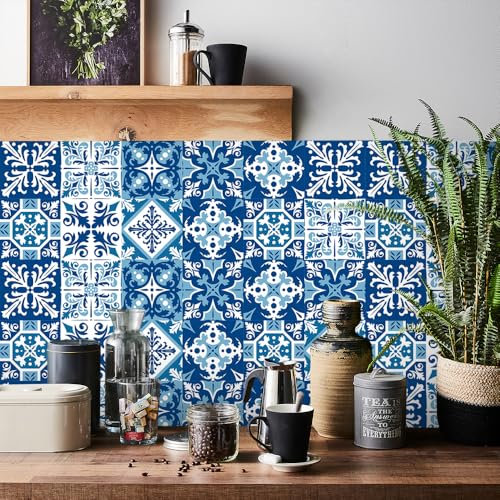 HORIWE Piastrelle adesive vintage marocchine adesive da parete, per fai da te, cucina, bagno, paraschizzi, pavimento, decorazione per la casa, PVC, impermeabile, a prova di olio, 20 x 20 cm, 24 pezzi