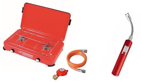 ROTHENBERGER Industrial zweiflammiger Duo Campingkocher inkl. Gasanzünder | Gaskocher | für Töpfe Ø 16-22 cm | inklusive 0,8 m Propangasschlauch und 50 mbar Propanregler | windstabil