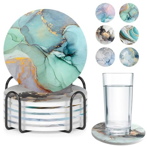 Lot de 6 dessous de verre absorbants en céramique, dessous de verre ronds en marbre avec support, dessous de verre en céramique antidérapant, tapis décoratif pour tasse à café, boisson pour la maison