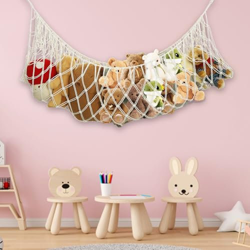 Toy Hammock for Stuffed Animals Storage, Extra Large 56'' Long Hammock Tassel Design Soft Toy Organizer Net Wall Corner Bed End Hanging Organizer Holder for Kids Room Playroom Nursery(Beige)