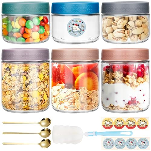 BBWELL 6pcs Tarros de Cristal,Tarros de Cristal con Tapa,Frascos de Vidrio,Herméticos con 3 Cucharas Doradas para Avena,Pudín,Mermelada,Ensalada,Yogur