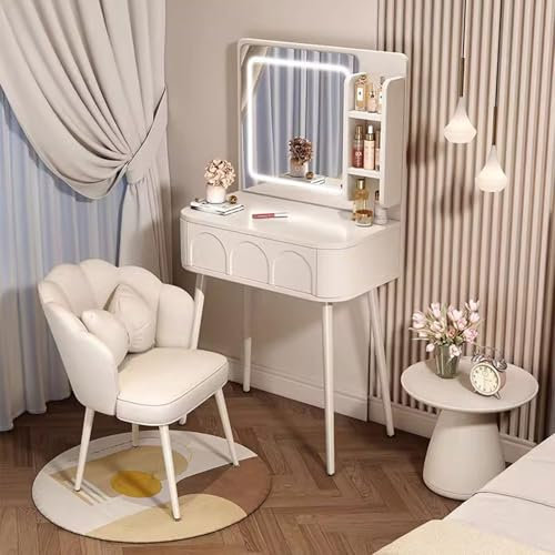 ZTGL C,60cm, Toeletta da Trucco con Specchio Illuminazione, Tavolo da Toilette con Mensole Aperte e Cassetti, Tavolo da Trucco con Sgabello, Console Trucco Bianco per la Camera