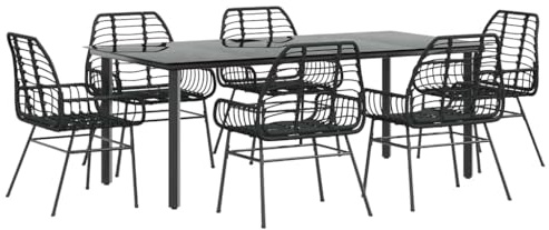 vidaXL 7 Piece Garden Dining Set Black Poly Rattan Glass