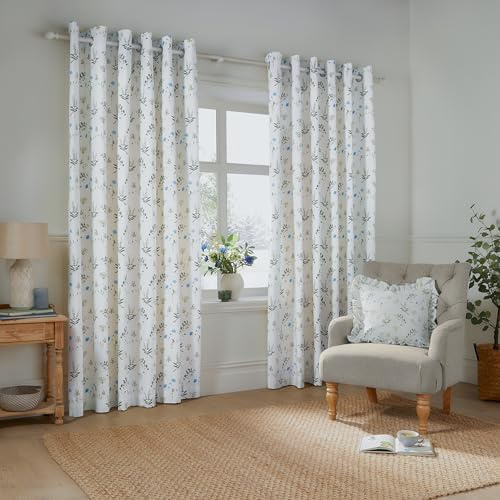 furn. Wylder Meadow Eyelet Curtain Pair – 100% Cotton Country Floral Lined Drapes (White/Cornflower - 168x229cm)