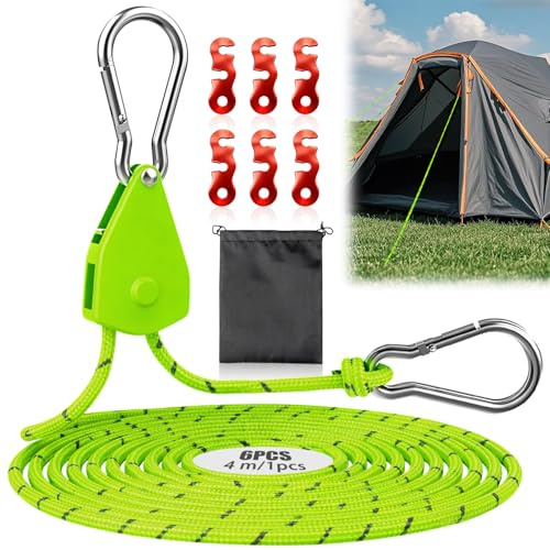 Cuerdas Reflectantes para Tienda Rope Ratchet Cuerda 4mx4mm Tensoras Trinquete de Cuerda con Gancho Tensor para Acampar Ajustable para Acampar al Aire Libre Senderismo Toldo (Verde, 6PCS)