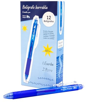 RAYLU PAPER - Radierbarer, einziehbarer Kugelschreiber, Geltinte, 1 mm Spitze und 0,7 mm Strichstärke (12 Blau)