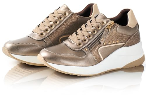 Genesandro Sneaker mit Keilabsatz Damen Echtleder Mode Keilsneaker Plateau Freizeitschuhe Casual Schuhe für Alltagskleidung (Taupe, 37)