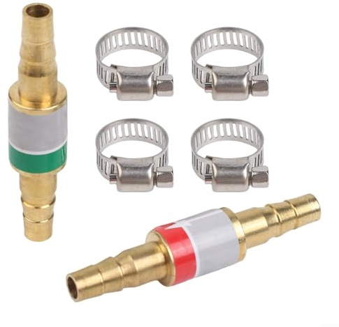 Rückschlagsicherung für Sauerstoff und Acetylen-Propan – 2 Stück mit 4 Edelstahl-Klemmen, Messing-Gasrückschlagventil, Sicherheitswerkzeug, kompatibel mit 8 mm Rohren