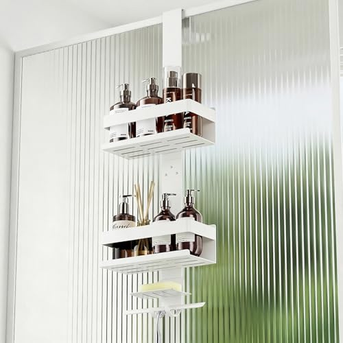 Laimew Mensola da doccia senza foratura, organizer da bagno, mensola da doccia da appendere per porte in vetro, supporto per shampoo per doccia, bianca