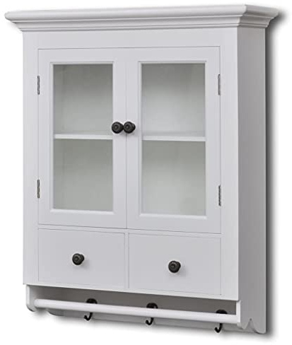 Fisinber Küchenhängeschrank Weiß 59x22,5x74 cm aus MDF und Kiefer mit 2 Glastüren und Schubladen Modernes Design Robust und Stauraum für Küche Esszimmer Flur