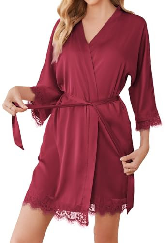 Balancora Damen Morgenmantel Bademantel Satin Sexy Kimono mit Taschen Kurz Robe mit Gürtel Nachthemd für Braut Nachtwäsche Mit Blumenspitze L Rot-1