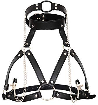 Hanyi Damen Leder BH SM Knebel mit Nippelklemmen Fetisch Bondageset Sexspielzeug, Schwarz