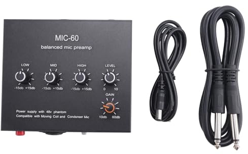 Bosiyrggrl MIC-60 3-Band-Equalizer, symmetrischer Mikrofon-Vorverstärker, mit Gleichstromkabel und 6,5 mm Kabel, einfach zu bedienen