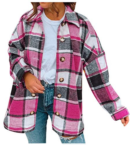 PYUIYY Bluse Damen Herbst Winter Oversized Freizeit Elegant Kariertes Hemd Pullover Tops Plaid Knöpfen Langarm Tunika Oberteil Holzfällerjacke Langarmshirt Oberbekleidung(Pink,XXL)