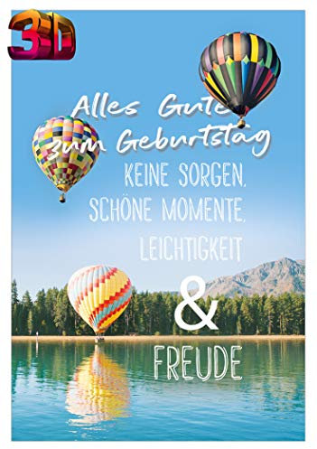 KE - 3D Effekt Geburtstagskarte mit Umschlag, Lustige Klappkarte im DIN B6 Format, Glückwunsch-Karte mit Heißluftballon Motiv