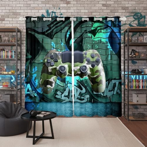 feelingyou Teens Gamepad Fenstervorhang 183x117cm Camouflage Game Console Fashion Vorhänge für Kinder Mädchen Gedrucktes Hip Hop Graffiti Gardine 2er-Set Fenster Vorhänge,Guter Schattierungseffekt