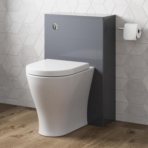 Artis® Modern Bathroom Cloakroom Back to Wall BTW Toilet WC 500mm Slim Furniture Unit D Shape Pan Soft Close Seat, Dual Flush Cistern, Grey Gloss