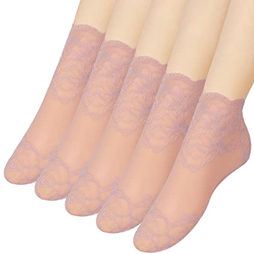 Calzini alla caviglia in pizzo per le donne - 5 paia di calzini con volant da donna - Calze a rete alla caviglia, Viola, taglia unica