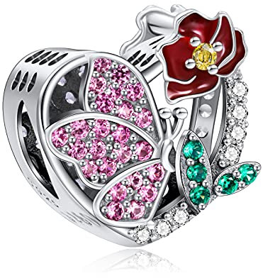 NINGAN August-Poppy Birth Flower & Butterfly Charm for Birthstone Charms Bracelets 925 Sterling Silver Pendant Bead with Cubic Zirconia Birthday Jewelry Gifts for Women Wife Mom Girls Her