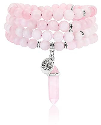 JSDDE 108 Mala Prayer Beads Wrap Bracelet Natural Rose Quartz Crystals Gemstone Lotus Pendant Necklace for Healing Meditation