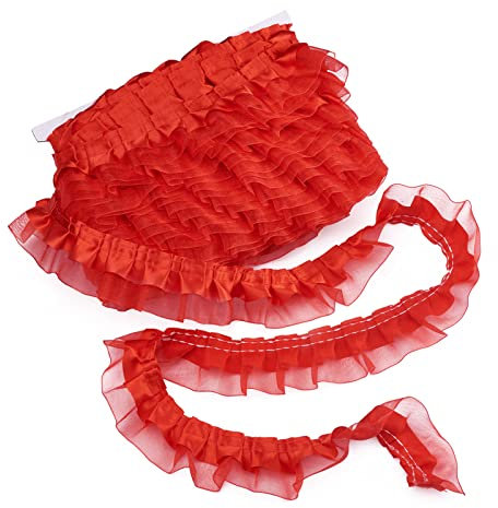 PandaHall 20 Meter Satin-Organza-Spitzenborte, 2-lagig, gerafftes Rüschen, Chiffonband, 3,5 cm lang, rot, plissierter Rand, Stoff zum Nähen, bestickte Applikation, Hochzeit, Party-Dekoration