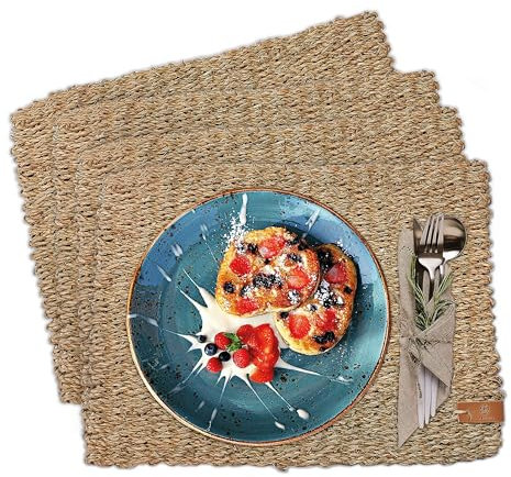 FRIHET Tischset eckig - Seegras geflochten (4er Set) Platzset 40x30cm, Natur Tischdeko, Tischsets Platzsets abwischbar, Platzdeckchen Esstisch, Hygge Skandi Boho