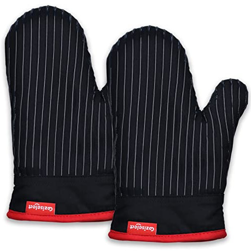 Coziselect Oven Mitts Set - Heat Resistant Cotton Mitts 500 Degrees, Kitchen Gloves for Cooking Grill, Black Heavy Duty Thick