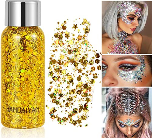 Glitzer Gesicht Gel, Mermaid Sequins Glitter Body Gel, Festival Glitzer gel Gesicht, Lidschatten Face Glitter Schminke für Festival Musikfestivals Party Masquerade Body/Face/Haare/Lippen/Nagel (Gold)