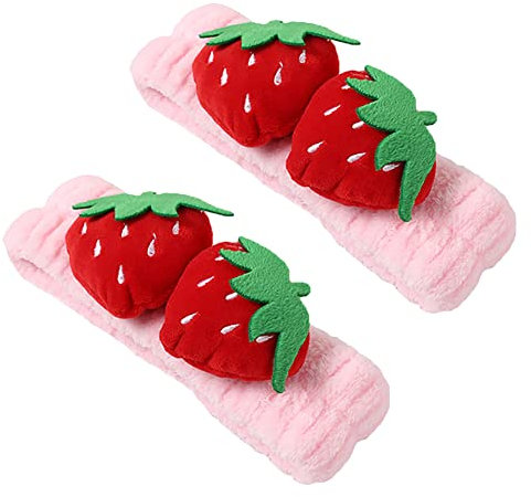 ccHuDE 2 Stück niedliche Erdbeer-Korallen-Fleece-Stirnbänder zum Waschen des Gesichts, flauschige Hautpflege, Kopfband, weiches Gesichts-Make-up-Kopfband, Spa-Dusch-Haarband für Frauen und Mädchen