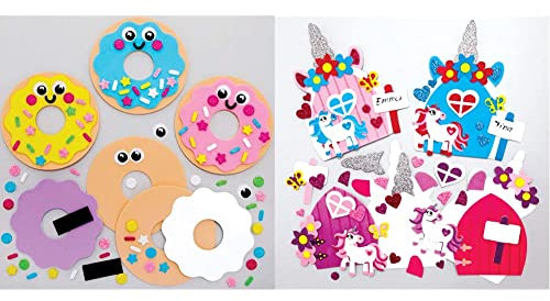 Baker Ross FE406 Donut Mix & Match Magnet Kits - Pack of 8 & AX667 Unicorn Fairy Door Kits - Pack of 4, Creative Arts and Crafts for Kids Storytelling, Making and Creating