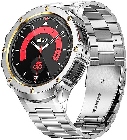SUPLINK Funda y correa de metal compatible con Samsung Galaxy Watch 5 Pro Band de 45 mm, resistente correa protectora de acero inoxidable para Samsung 5 Pro Watch para hombre, color plateado y dorado