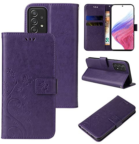 LBH Handy Hülle für Samsung Galaxy A53 5G Case Handytasche Schmetterling Blumen Flower Standfunktion Schutzhülle Magnet Rundum Schutz 360 Grad Flipcase Cover Violett
