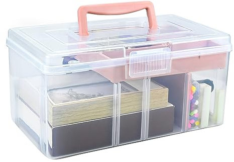 Stackable Clear Storage Craft Box with Lid, Mulit Purpose Storage Boxes with Compartment Tray Plastic, Medicine Chest Portable for Storing Toys, Arts Crafts, Stationery, Fishing (Pink)