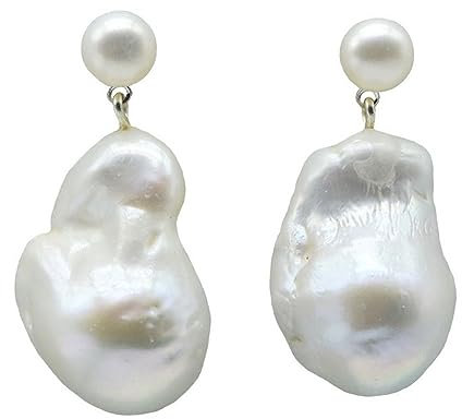 Barock Perlenohrringe Große Tropfenform Weiß Natürliche Süßwasserperle Anhänger 925 Sterling Silber Damen Ohrringe Silber Perle, Silber, Perle