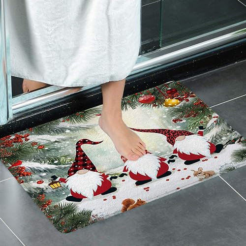 JAWO Badematte, Weihnachtswichtel, lustige Elfe mit roten Vögeln in verschneitem Zedernwald, Toilette, niedliches Häschen, Eichhörnchen, wilde Jagd, rutschfest, Badezimmerteppich, Zubehör, Duschmatte,