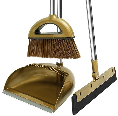 3Pcs Ensemble Balai et Pelle Balayette et Pelle à Poussière Verticale avec Long Manche 124cm avec Balai Raclette Sol en EVA Kit Balai et Pelle à Poussière pour Maison Cuisine Bureau (124cm Or)