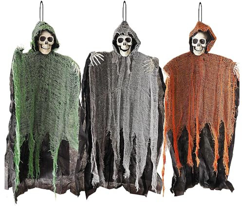 3 Geisterskelette zum Aufhängen | Gruselige Halloween Deko für draußen oder drinnen | Einfach aufhängen | Horror Accessoires Totenköpfe | 100% Fun | OriginalCup®.