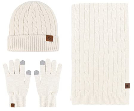 Damen Strickschal Mütze und Handschuhe Winter Set für Frauen Männer Warm Strickmütze Lange Schal 3 Stück Winter Warm Set für den täglichen Sport Geschenk, beige, One size