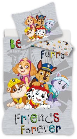 PAW PATROL Bettwäsche für kleines Bett, wendbarer Bettbezug 100 x 135 cm + Kissenbezug 40 x 60 cm, 100 % Baumwolle, mit Chase, Marcus, Ruben, Stella und Everest
